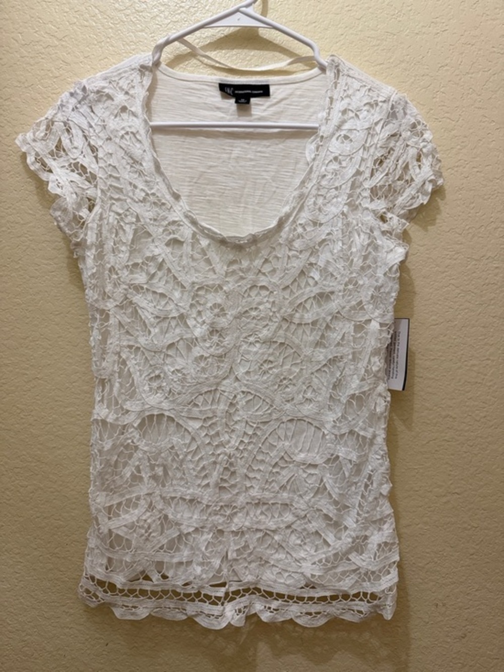 INC International Concepts White Crochet Lace Short Sleeve Top